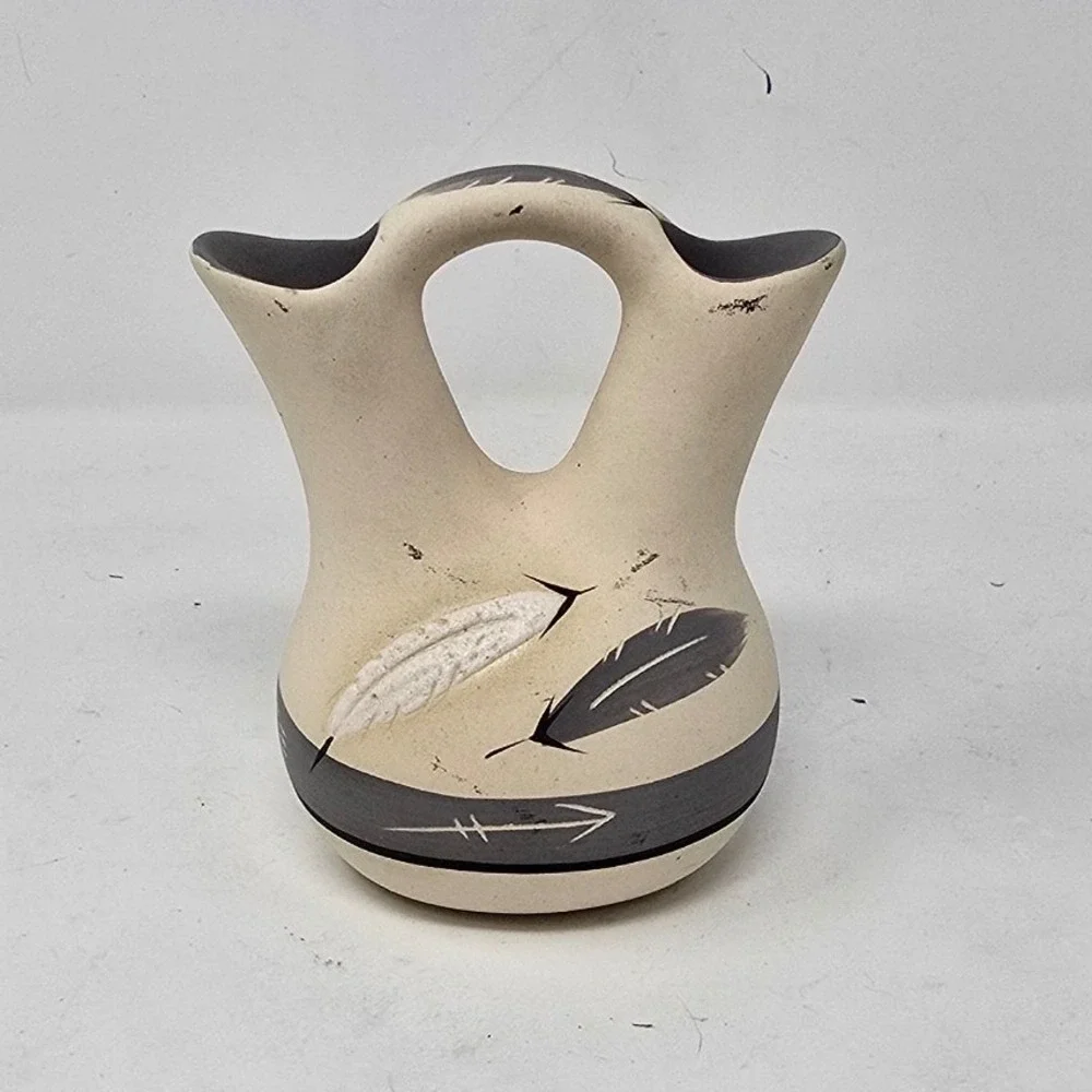 Native American Style wedding vase hand painted feather arrow ceramic pottery